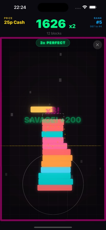 Gameplay — three perfect stacks in a row