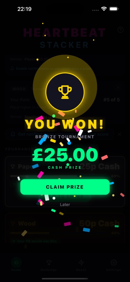 Winner screen — You won £25.00 cash prize